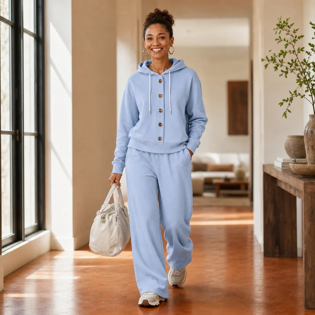 French Terry Button-Front Hoodie And Wide-Leg Sweatpants Set