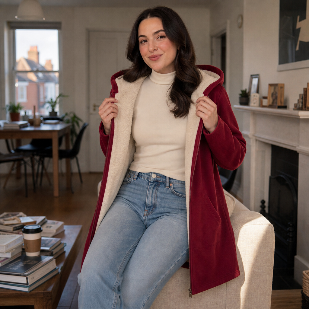 Cozelle – Fleece-Lined Look Hooded Mid-Length Jacket