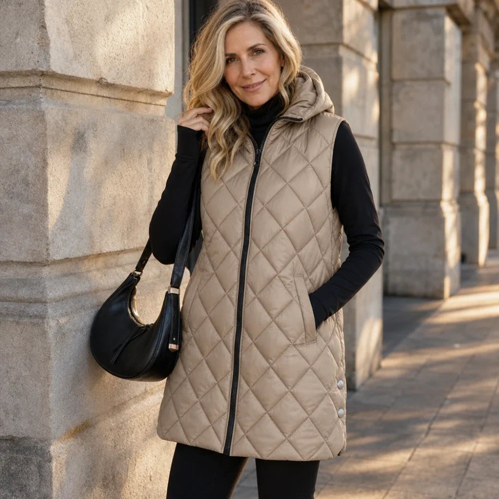Quilted Muse – Quilted Hooded Mid-Length Vest