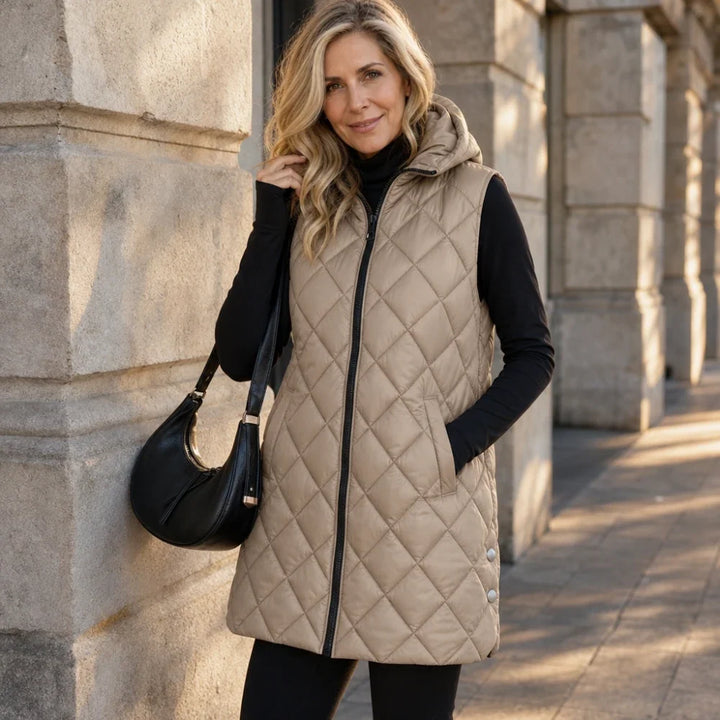 Quilted Muse – Quilted Hooded Mid-Length Vest