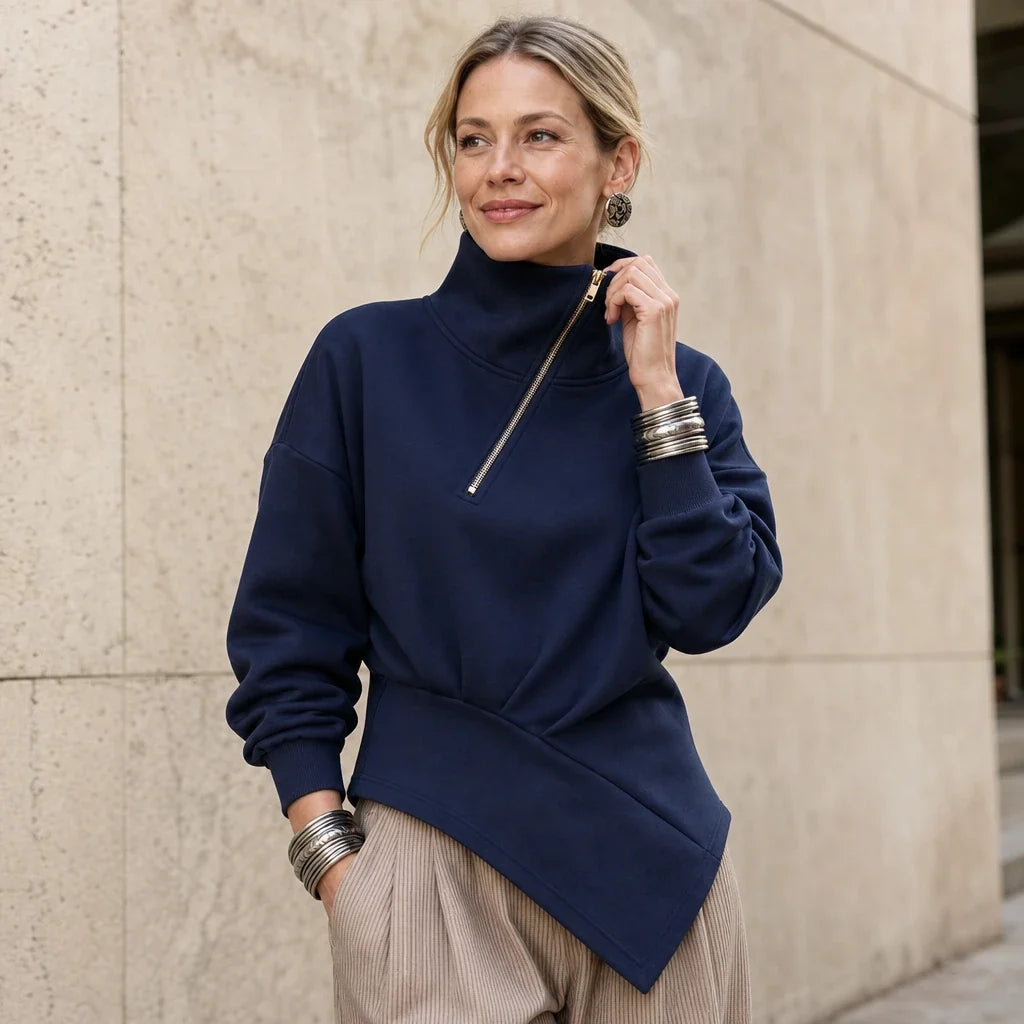 Velaire – Asymmetric Diagonal-Zip High-Neck Sweatshirt