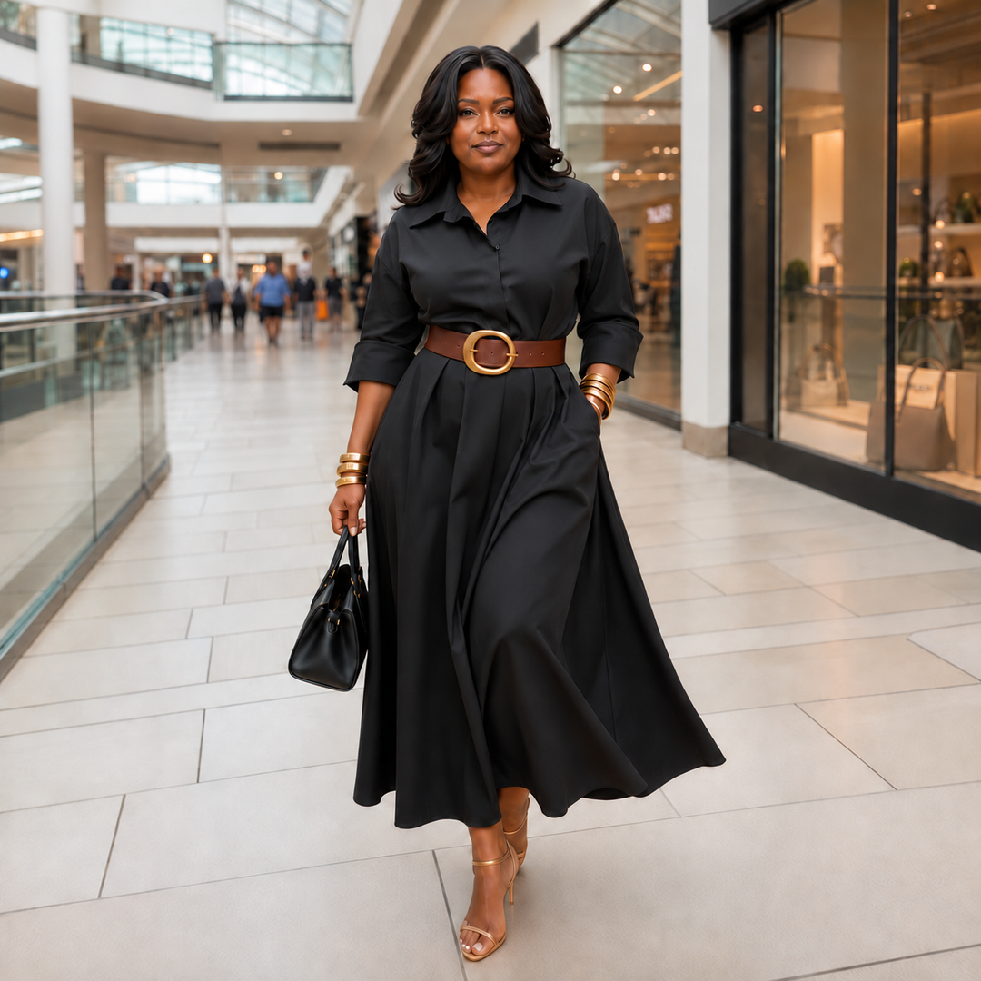 Everly Midi – Belted Long-Sleeve Collared Midi Dress
