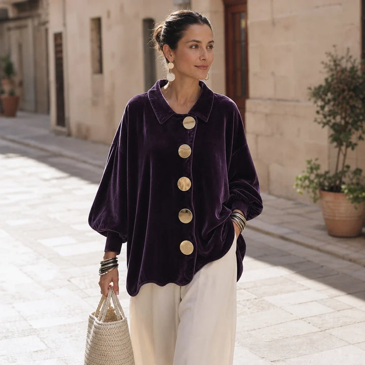 Velvara – Gold Button Velvet-Look Blouse