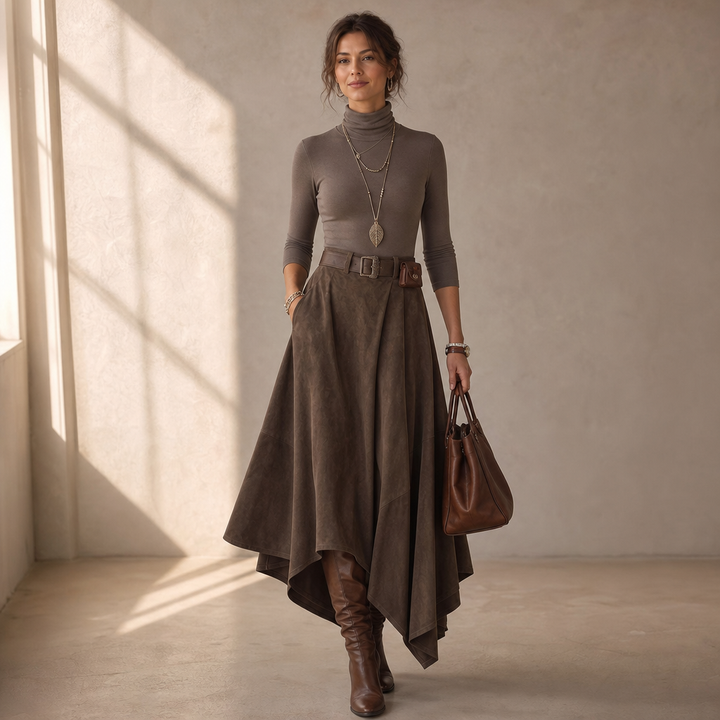 Sienna Fold – Asymmetrical Pleated Faux-Suede Skirt Set