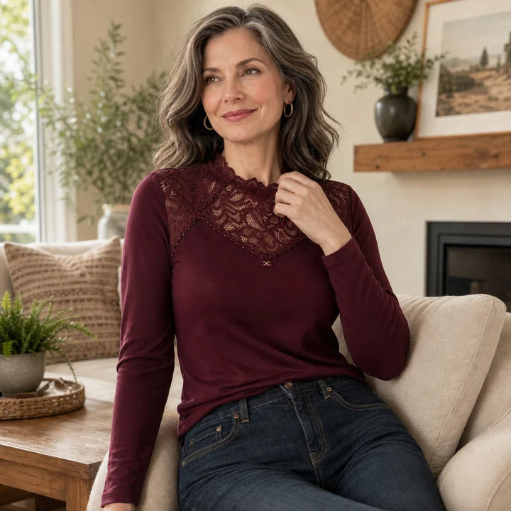 Lunelle – Scalloped Lace Rhinestone Knit Top