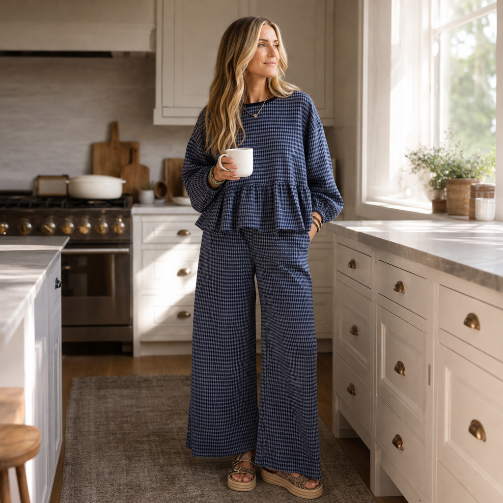 Elara – Gingham Peplum Top And Wide-Leg Pants Set