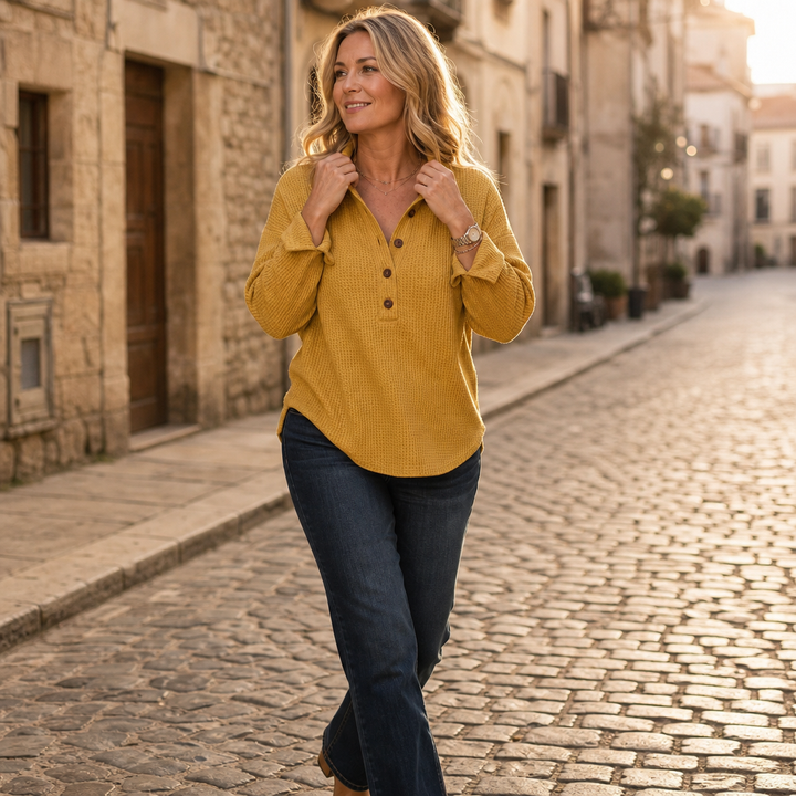 Wovella – Waffle-Knit Button Henley Top