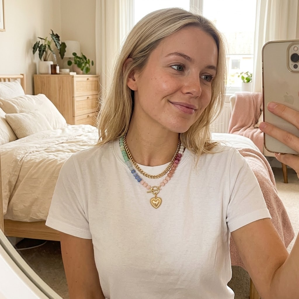 Lunavia™ – Pastel Bead Layered Necklace with Gold Heart**