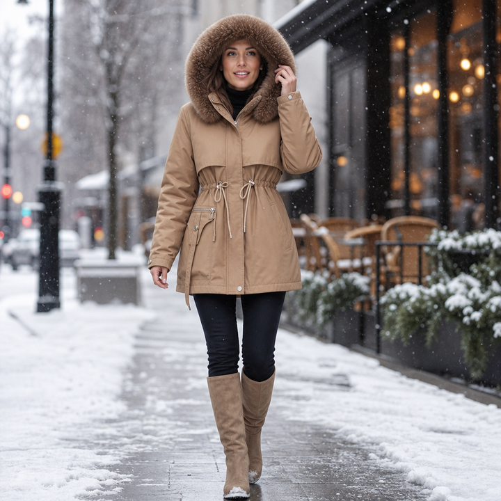 Veluxe – Fur-Trim Waist-Cinch Quilted Parka