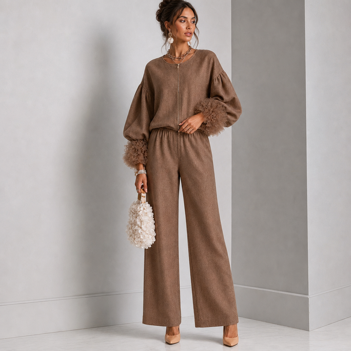 Wearlyn – Tulle-Cuff Balloon Sleeve Top And Pants Set