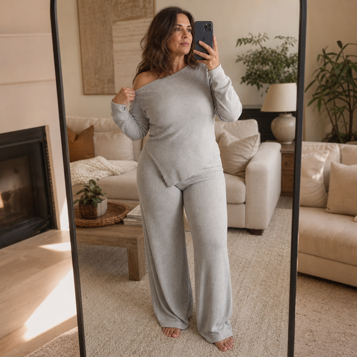Wearbella – Off-Shoulder Ribbed Knit Top And Wide-Leg Pants Set
