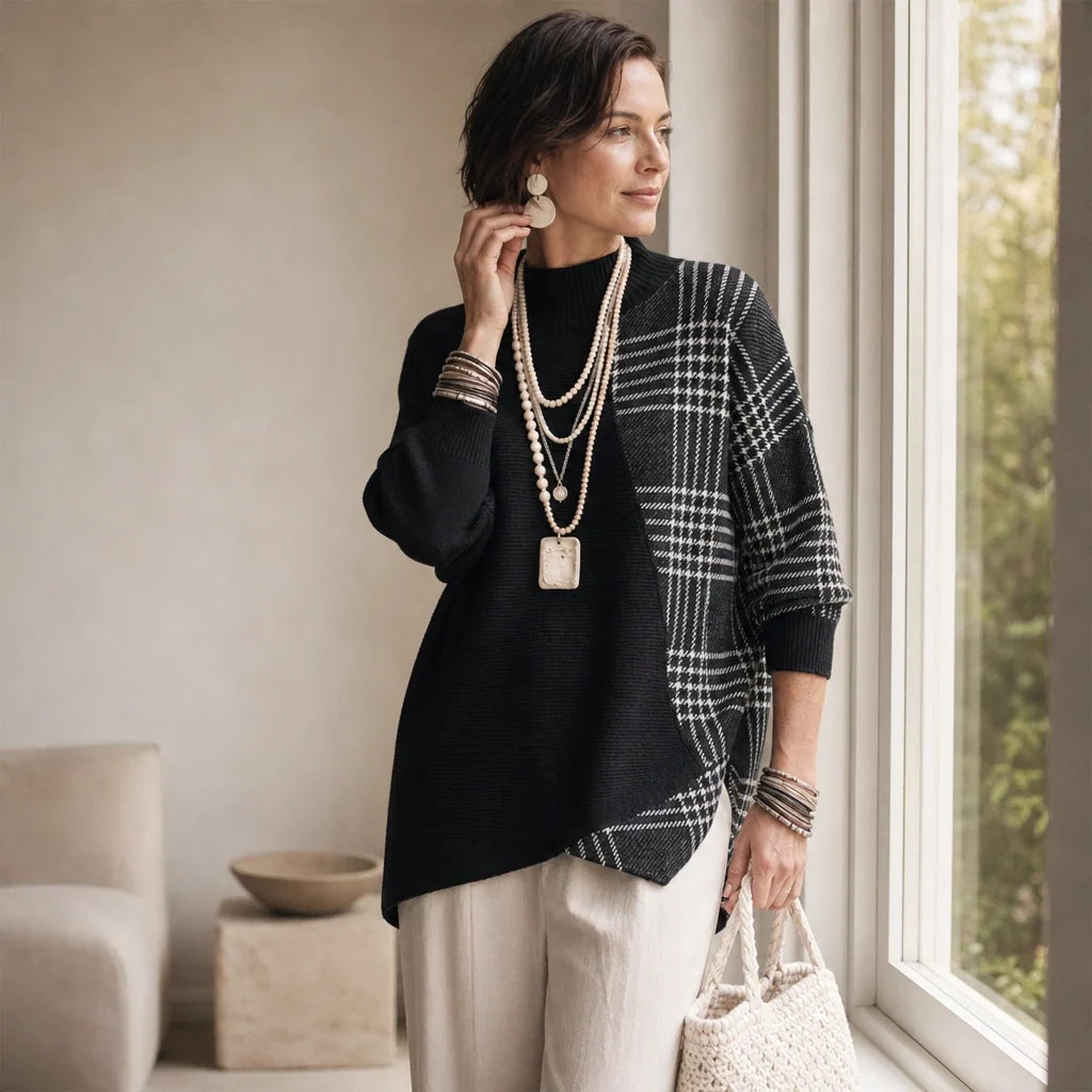 Plaidelle – Asymmetrical Plaid Panel Knit Sweater