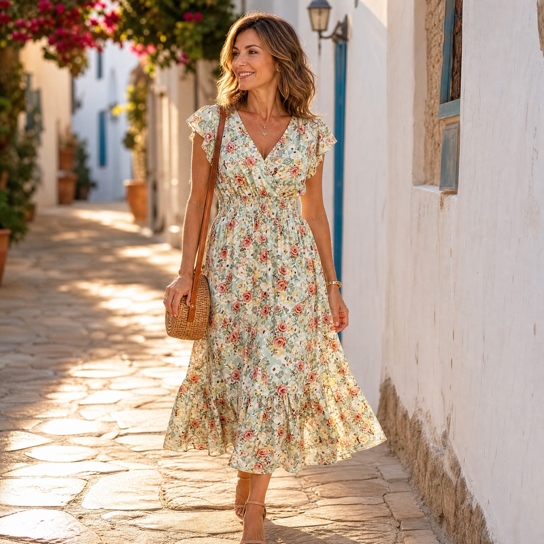 Florenza™ – Floral V-Neck Smocked Waist Midi Dress