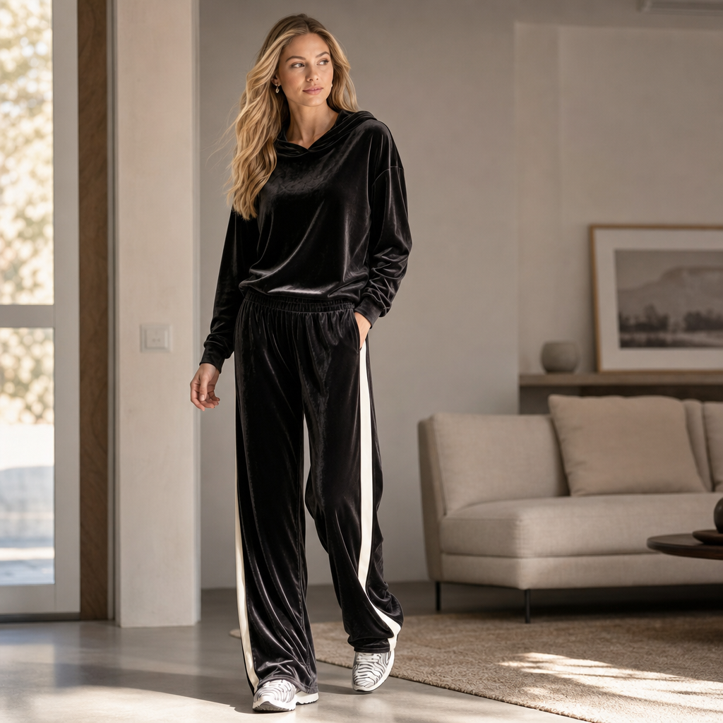 Velura – Contrast-Stripe Hooded Velour Tracksuit Set
