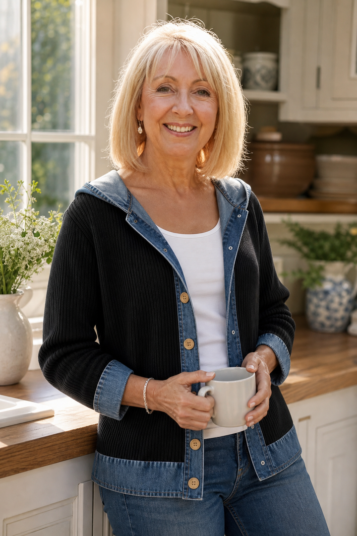 Layerlore – Denim-Look Patchwork Hooded Cardigan