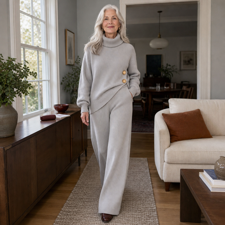 Wearbella – Asymmetric Button Hem Knit Turtleneck Set