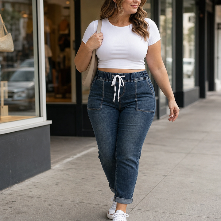Wearbella – Drawstring Elastic-Waist Stretch Tapered Jeans