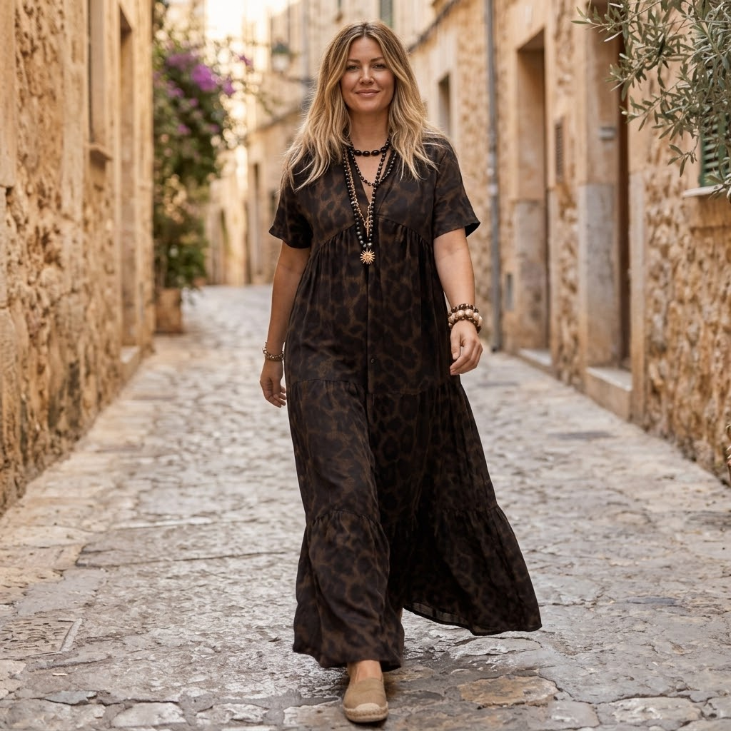 Velorra™ – Tiered Leopard Maxi Dress for Curvy Comfort