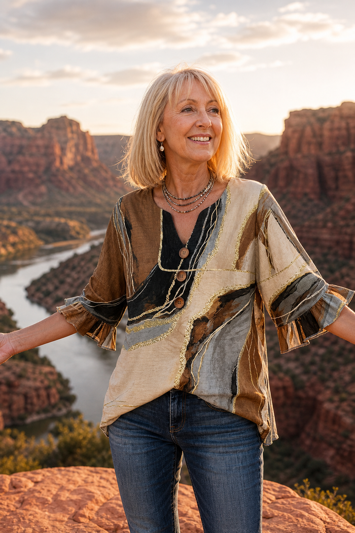 Ombralyn – Ombre V-Neck Mid-Sleeve Button-Front Blouse
