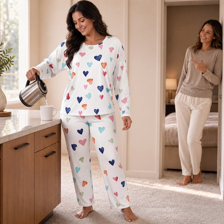 Heartrest – Long-Sleeved Heart-Print Pajama Set