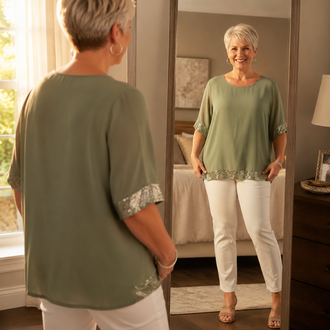 Lunara™ – Sequin Trim Layered Chiffon Top