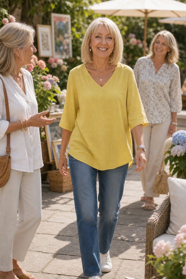 Easa – V-Neck Relaxed-Fit Three-Quarter Sleeve Blouse