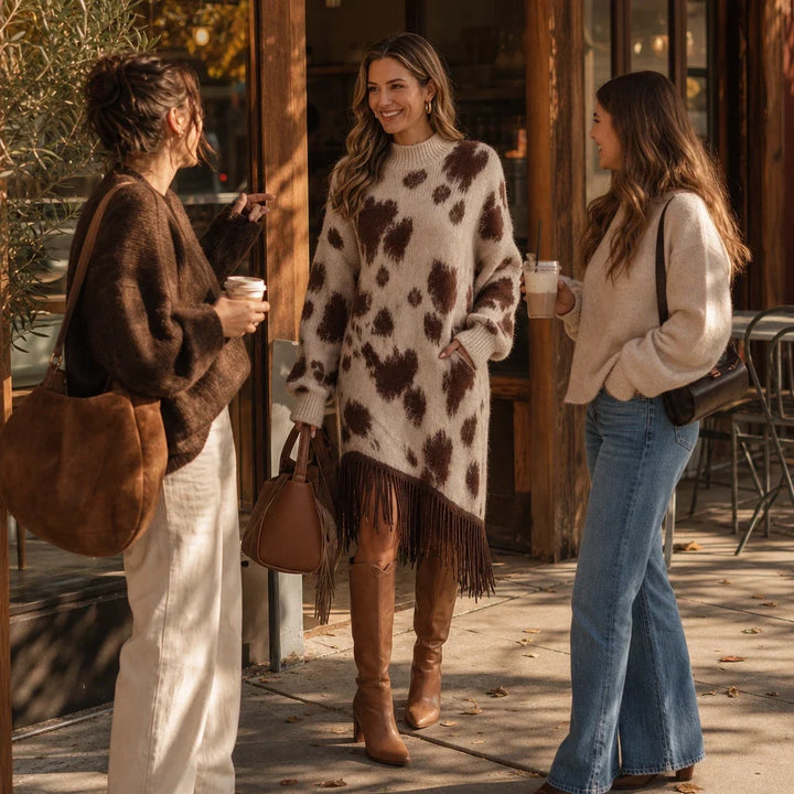 Fringefield – Cow-Print Knit Fringe-Hem Sweater Dress