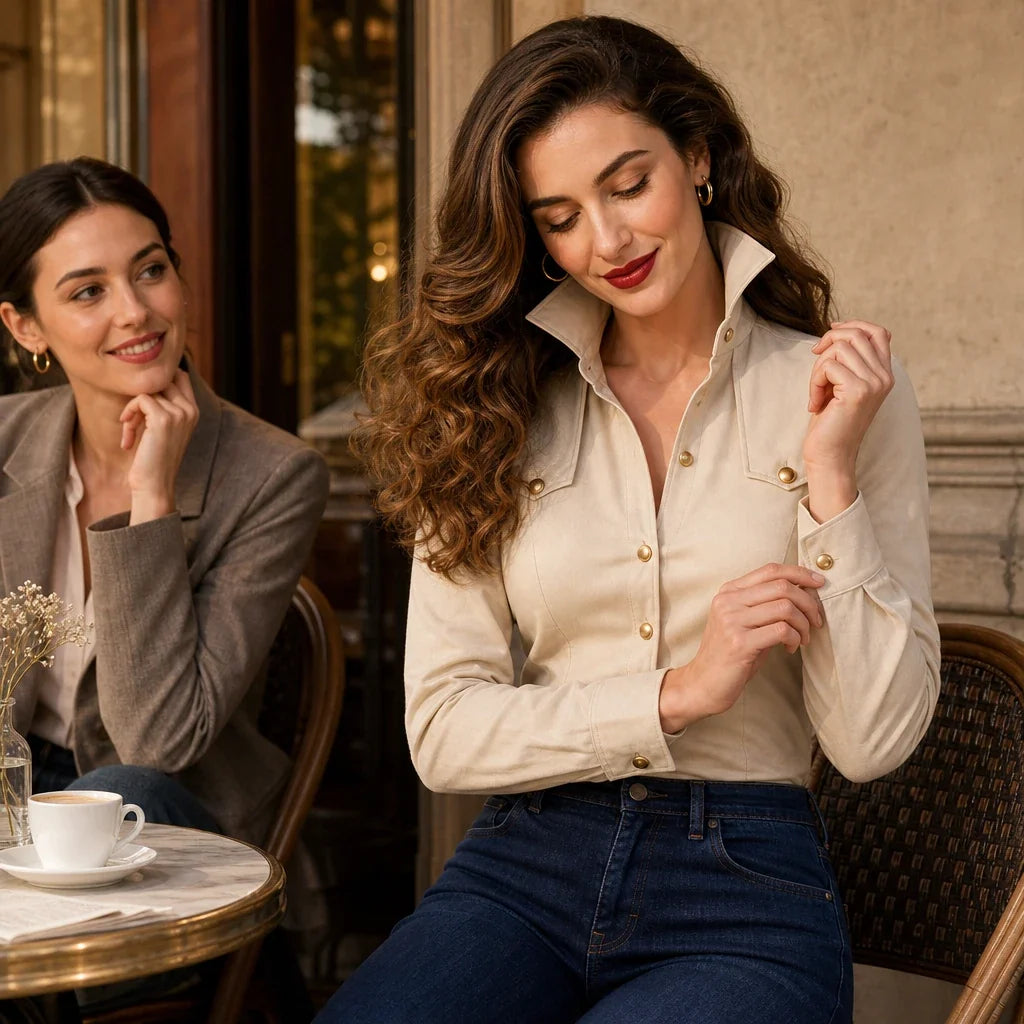 Veloura – Gold-Button Suede-Look Stretch Blouse