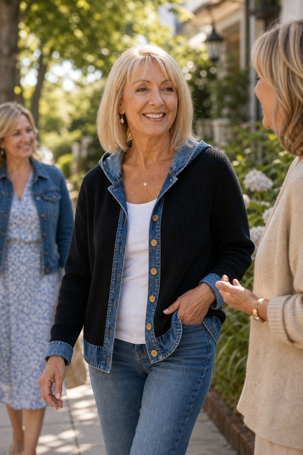 Layerlore – Denim-Look Patchwork Hooded Cardigan
