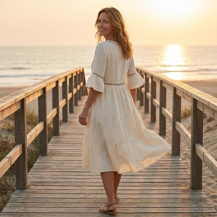 Solenne™ – Breathable Cotton Linen Lace Midi Dress