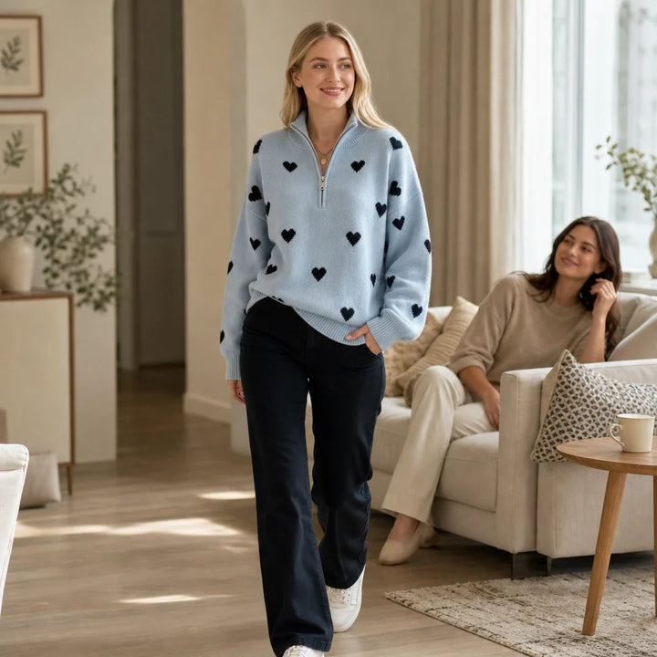 Lovelle – Heart-Pattern Quarter-Zip Sweater