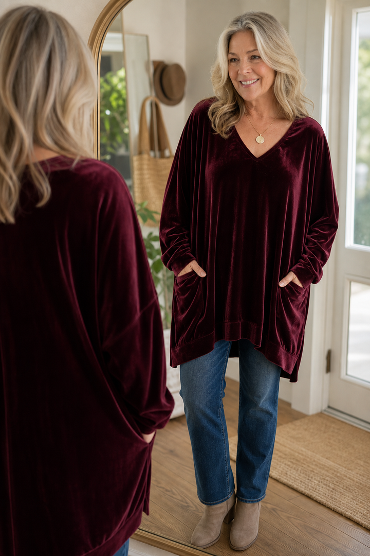 Velveau – Oversized Pocketed V-Neck Velvet Look Tunic