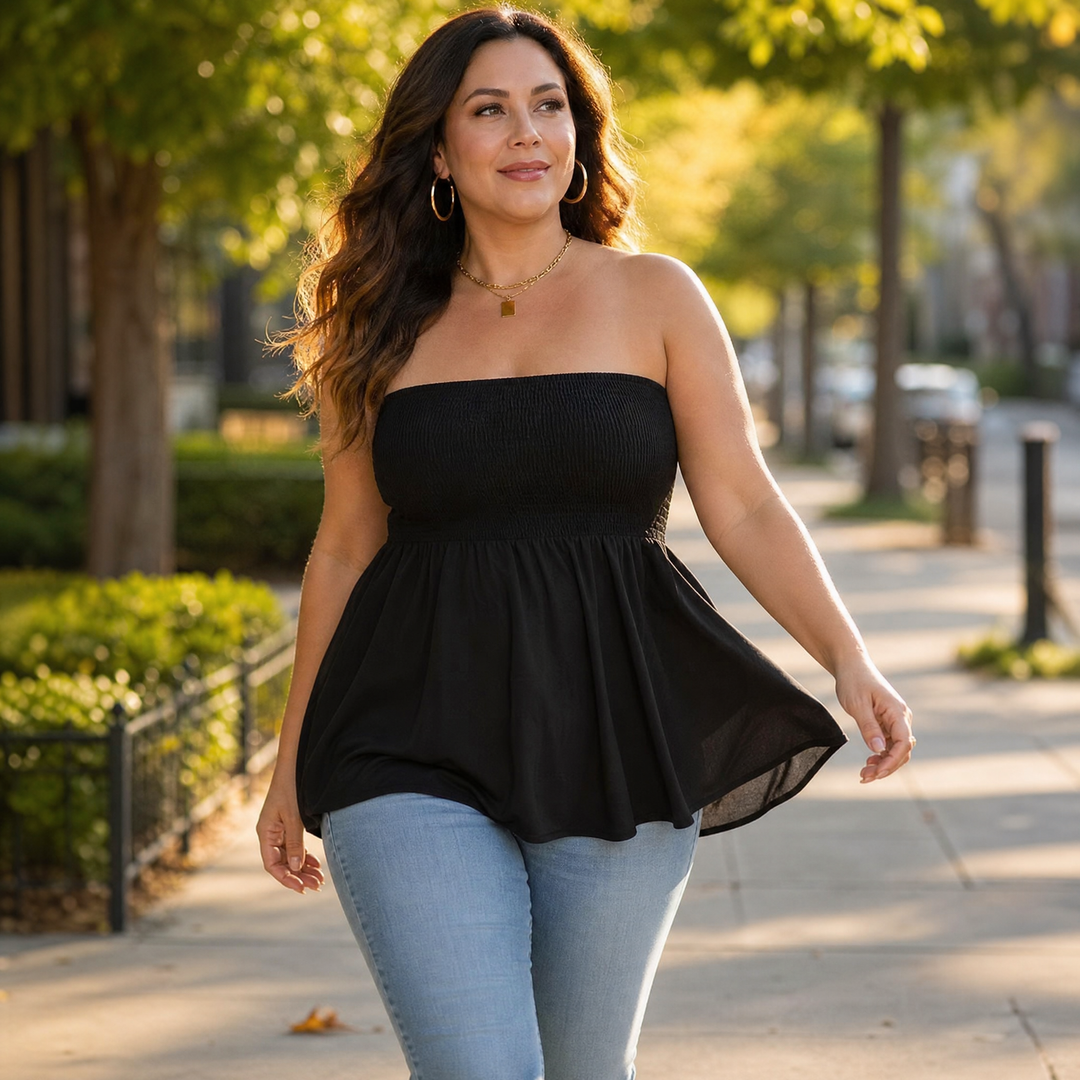 Vellora™ – Strapless Smocked Babydoll Top