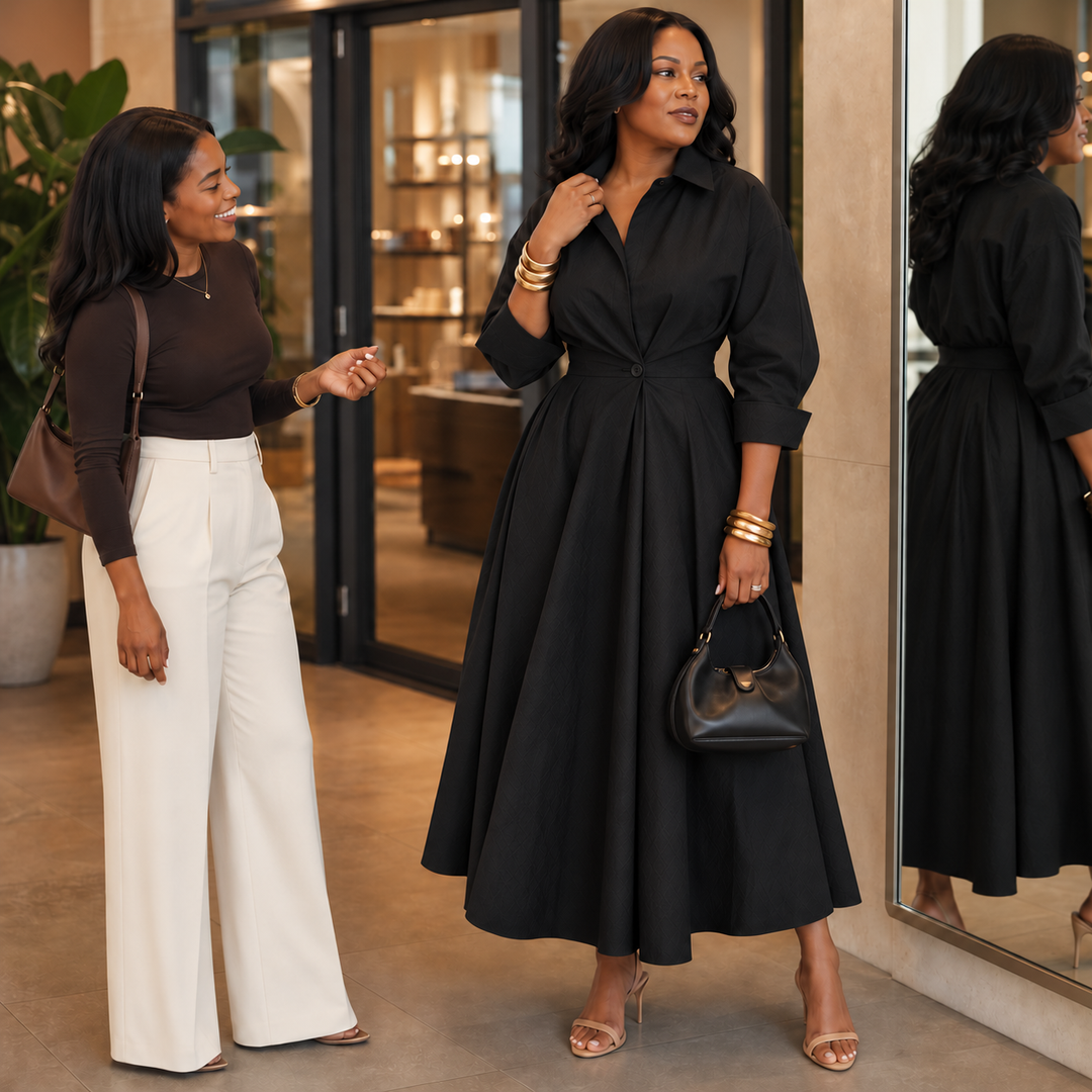 Everly Midi – Belted Long-Sleeve Collared Midi Dress