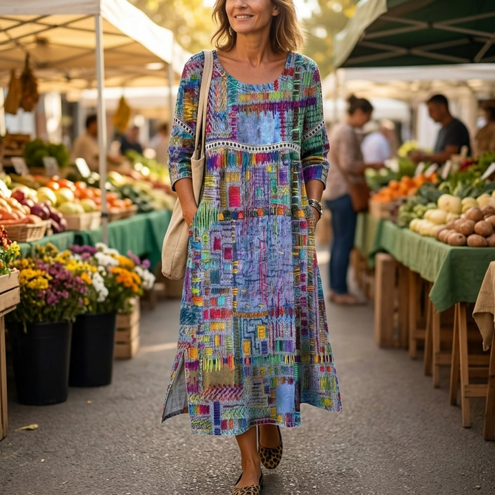 Tessara™ – Artisan Print Midi Dress with Pockets