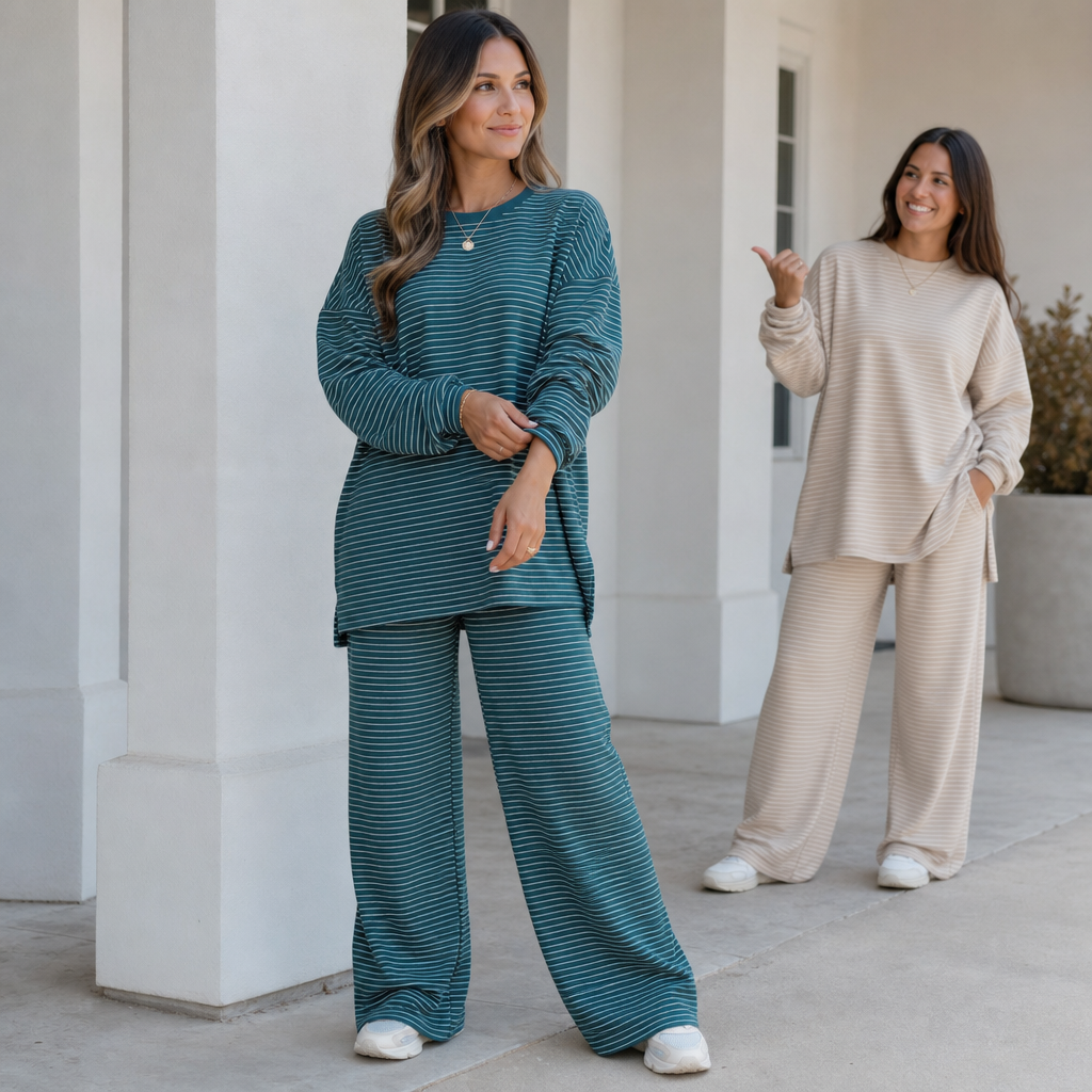 Stripe & Ease – Striped Pullover And Wide-Leg Pants Set