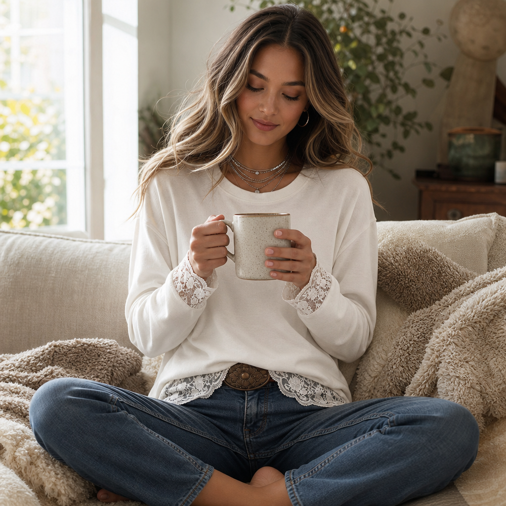 Lacewell – Sheer Lace Neckline Long-Sleeve Top