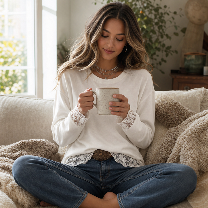 Lacewell – Sheer Lace Neckline Long-Sleeve Top