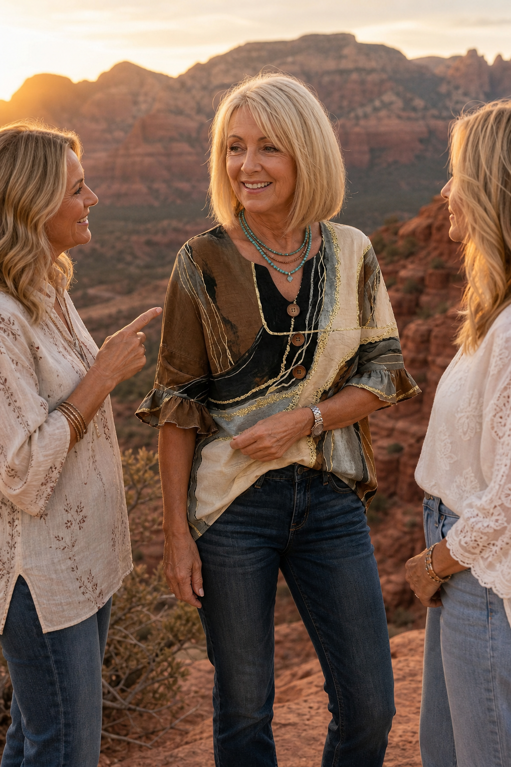 Ombralyn – Ombre V-Neck Mid-Sleeve Button-Front Blouse