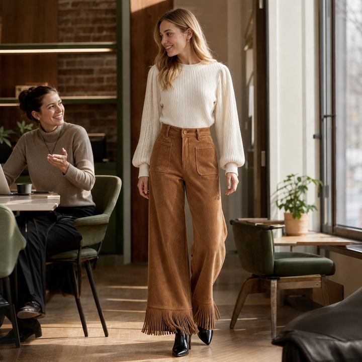 Suevera – Chic Fringe Accented Suede-Look Wide Leg Trousers
