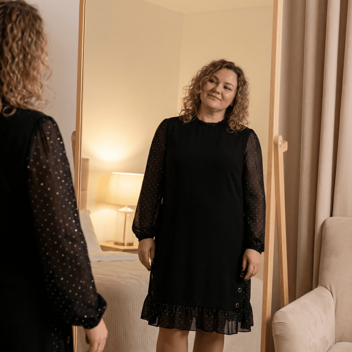 Lumiveil™ – Rhinestone Mesh Sleeve Dress with Ruffle Hem - Lark & Clover