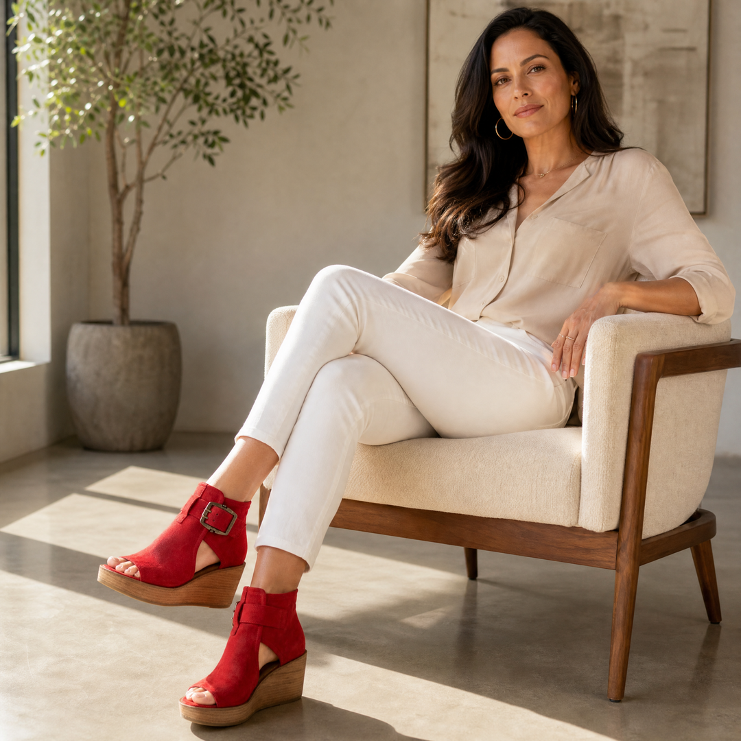 Elsera™ – Peep-Toe Platform Wedges with Buckle Detail