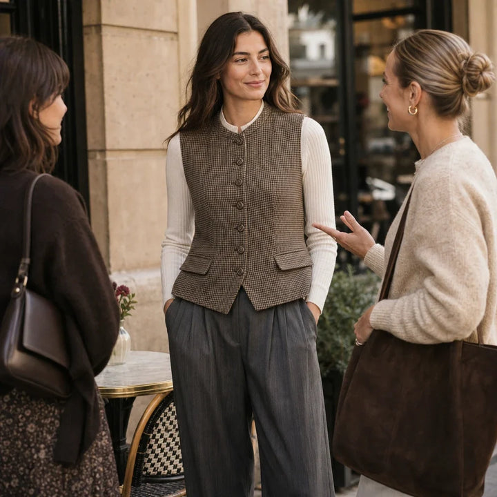 Houndstooth & Hem – Houndstooth Stand-Collar Tweed Vest