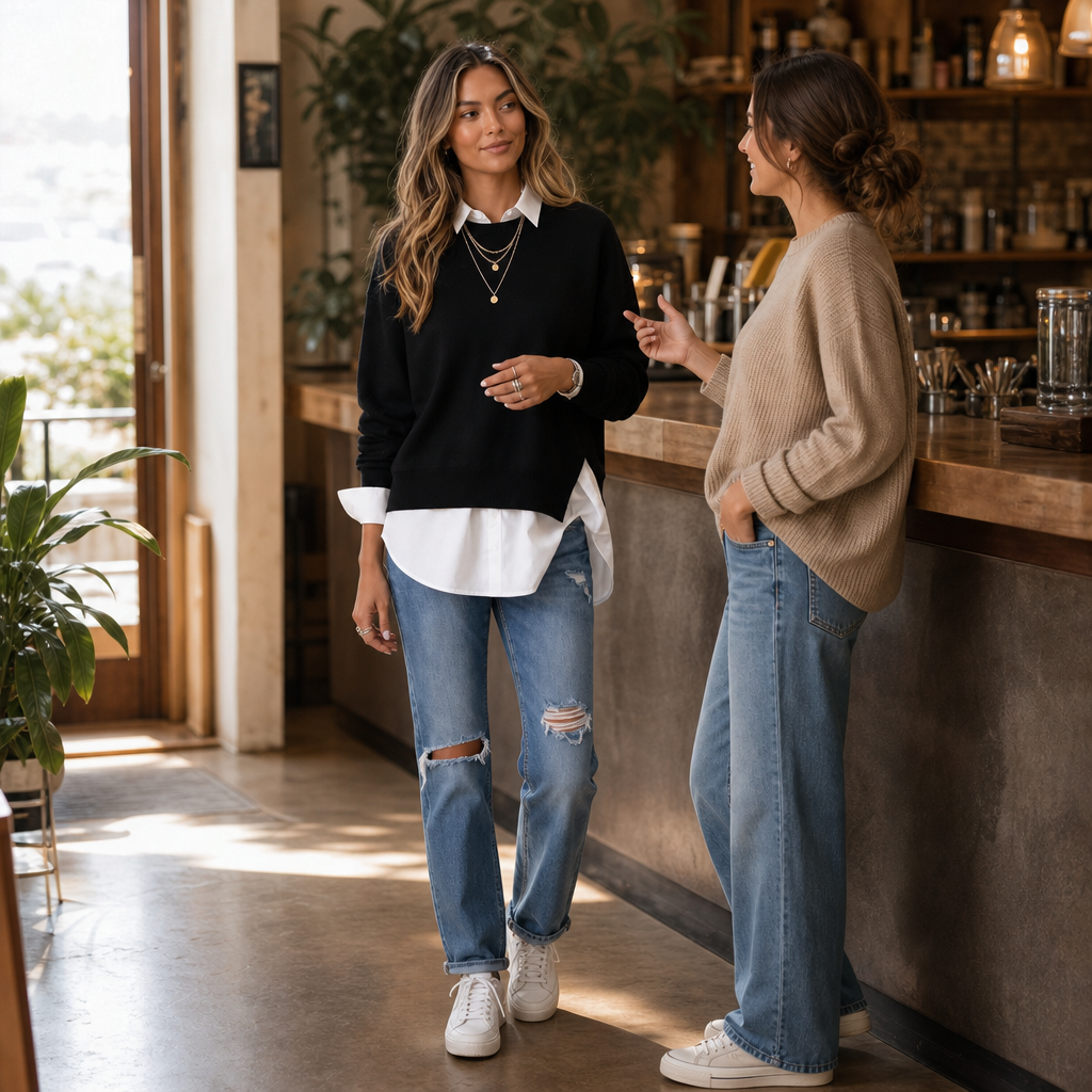 Averlyn – Layered Mock Shirt Collar Crewneck Sweatshirt