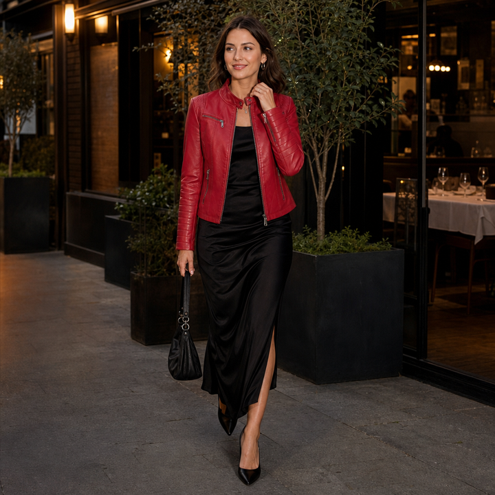 Sillette – Padded-Shoulder Cropped Faux-Leather Moto Jacket