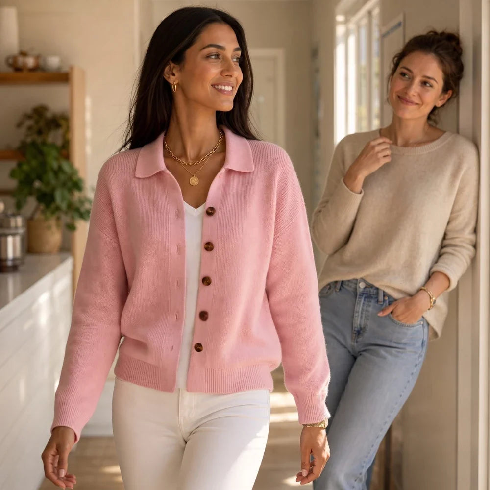 Wearbella – Contrast-Button Turn-Back Collar Knit Cardigan