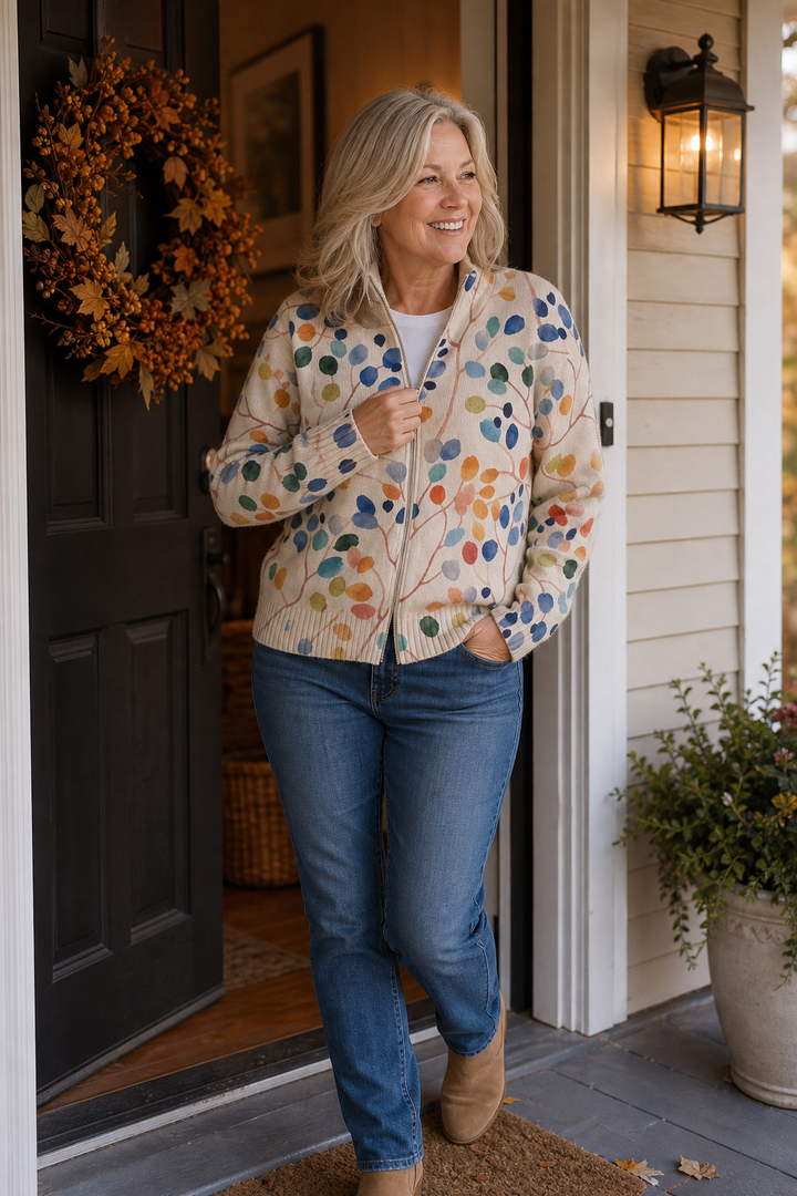 Threezip – Botanical Print Zip-Up Bomber Cardigan