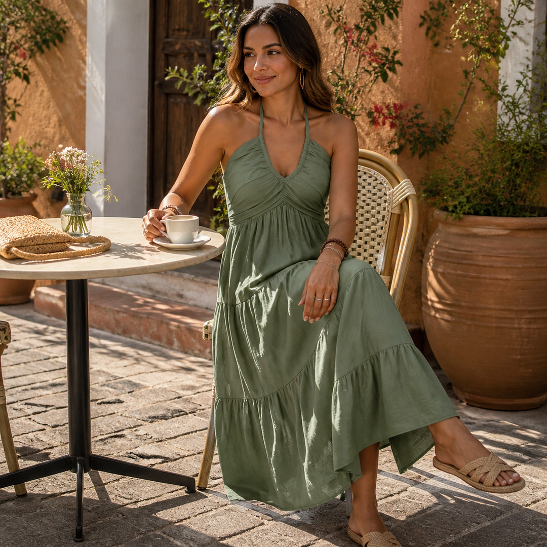 flowy halter maxi dress Watermelon Smocked Neck Length from shoulder to hem of size S Hibiscus Smocked Maxi Halter Dress