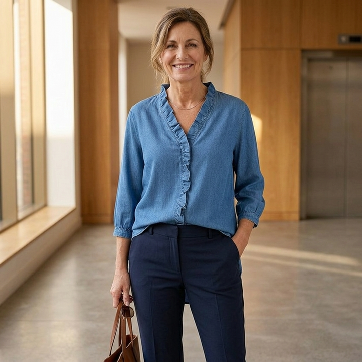 Wrenley™ – Soft Ruffled Denim Shirt with High Low Hem