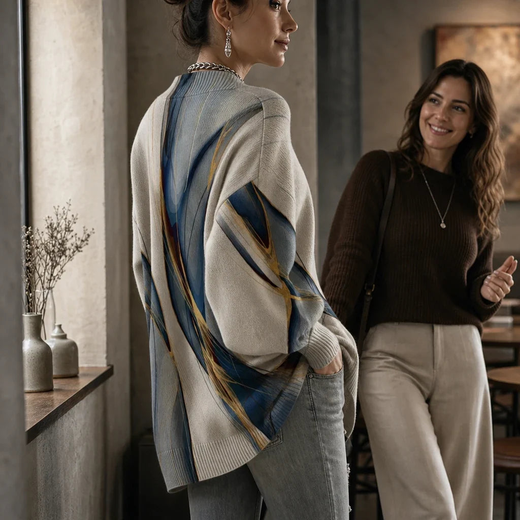 Stria – Abstract Pattern High-Neck Lantern-Sleeve Sweater
